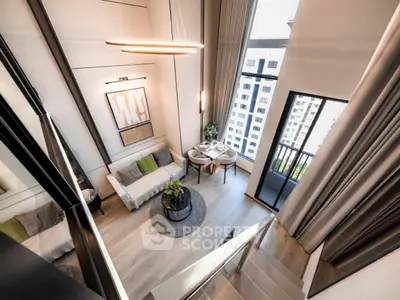 Luxurious modern living room with high ceilings and city view balcony