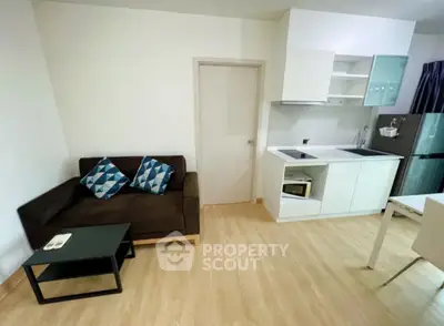 Modern compact living room with kitchenette and stylish decor