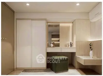 Modern bedroom with stylish vanity and seating, featuring elegant lighting and neutral tones.