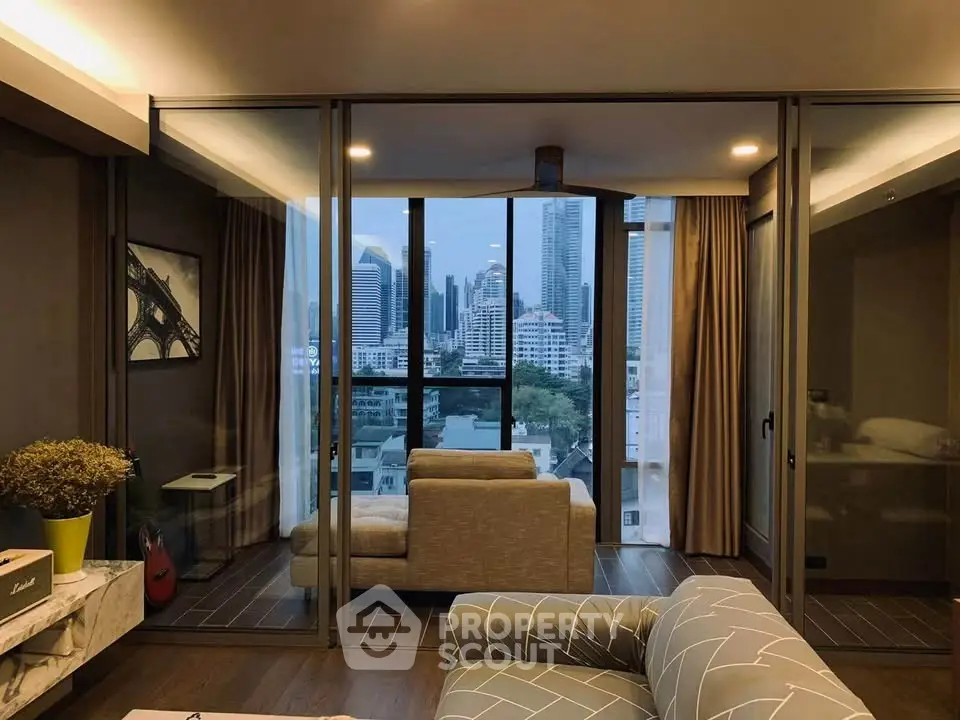 Modern living room with city view and stylish furniture in high-rise apartment