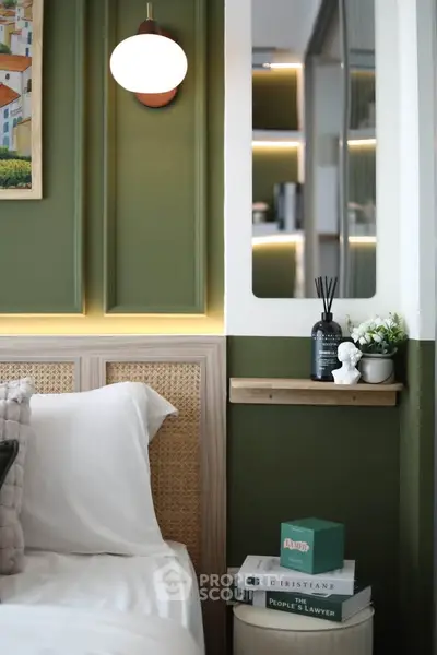 Stylish bedroom with modern decor and elegant lighting