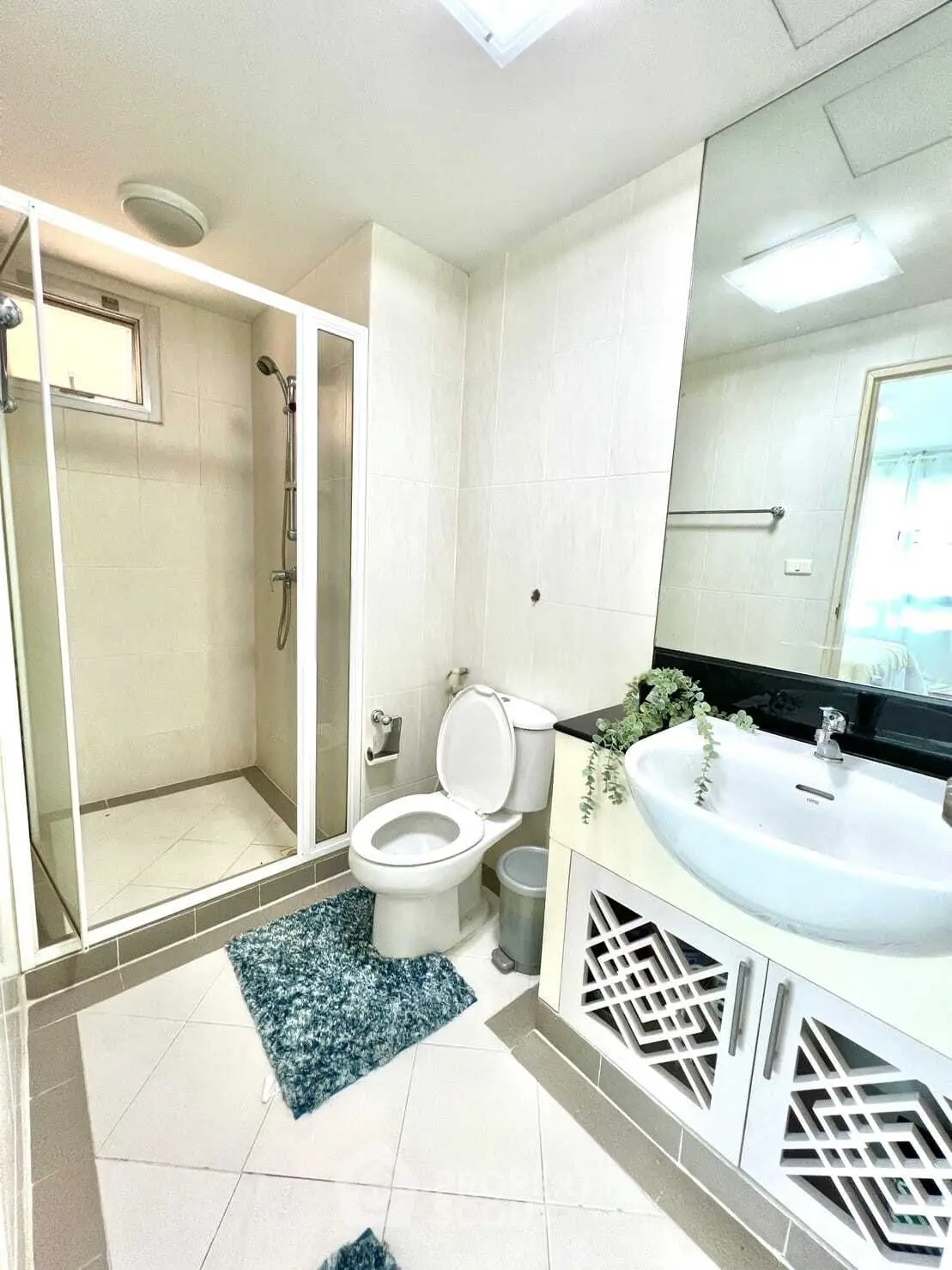 Modern bathroom with glass shower, stylish sink, and elegant decor