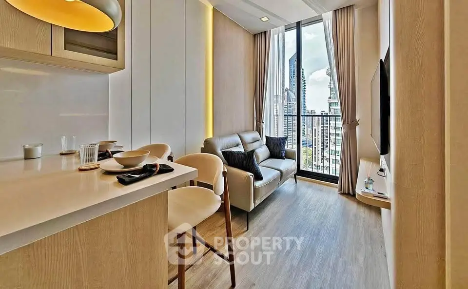 Modern living room with city view, featuring sleek furniture and open layout for urban living.