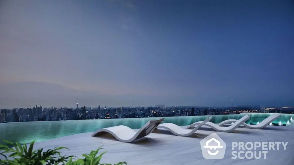 Luxurious rooftop infinity pool with stunning city skyline view at dusk.