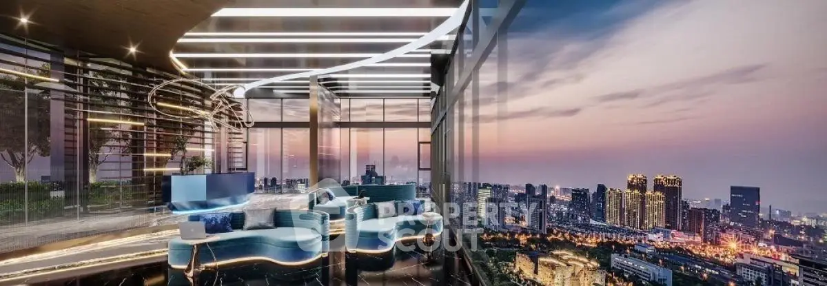 Luxurious modern living room with panoramic city view and stylish lighting