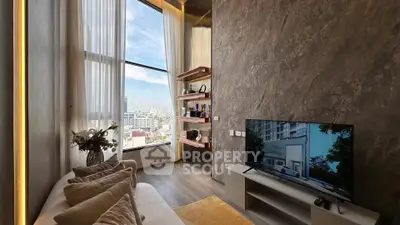 Luxurious living room with high ceilings and stunning city view