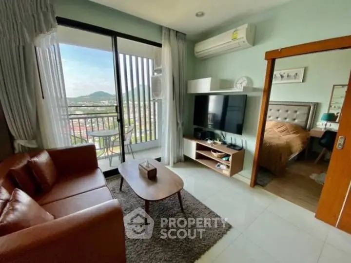 Modern living room with balcony view and cozy bedroom