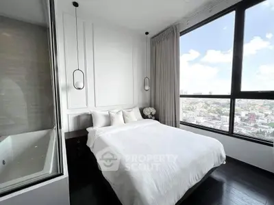 Luxurious bedroom with city view and elegant decor in high-rise apartment