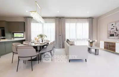 Spacious modern living room with elegant dining area and stylish decor