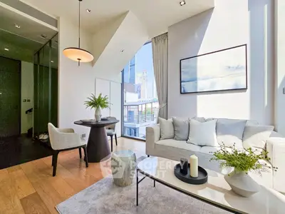 Luxurious modern living room with elegant decor and city view, perfect for urban living.