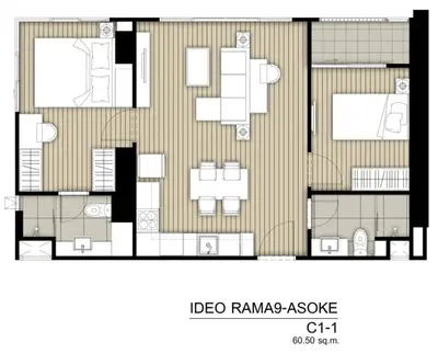 Modern apartment floor plan with two bedrooms and open living area, 60.50 sqm.