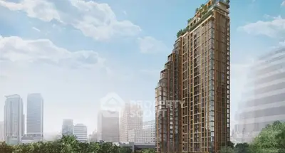 Stunning high-rise building with modern architecture and lush rooftop garden in urban skyline.