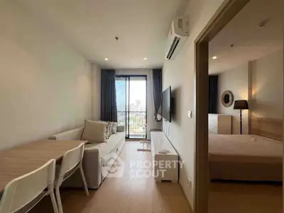 Modern apartment living room with balcony view and cozy bedroom