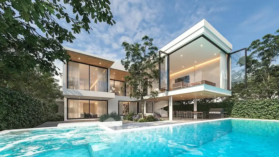Luxurious modern villa with stunning pool and lush greenery, perfect for upscale living.