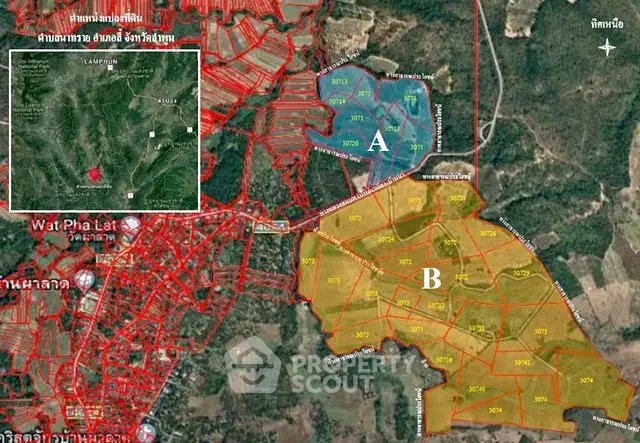 Aerial map view of land plots A and B in a scenic area with detailed zoning.