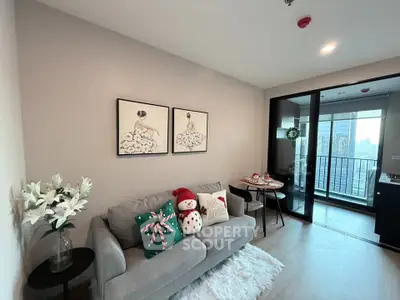 Modern living room with cozy decor and city view balcony