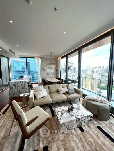 Luxurious modern living room with panoramic city view and elegant marble accents.