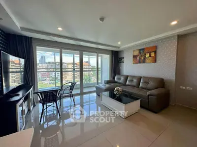 Spacious modern living room with city view and elegant decor