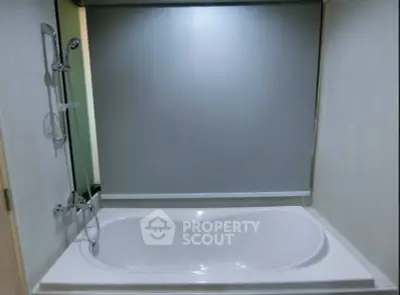 Modern bathroom with sleek bathtub and shower setup
