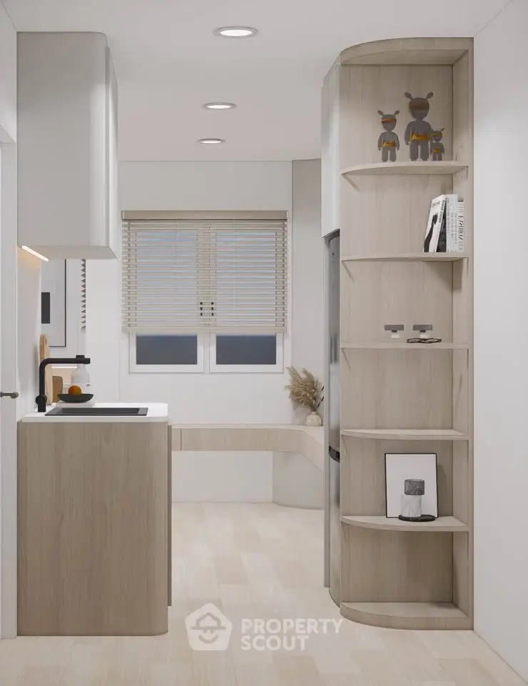 Modern kitchen with sleek wooden cabinetry and open shelving, featuring a minimalist design and natural light.
