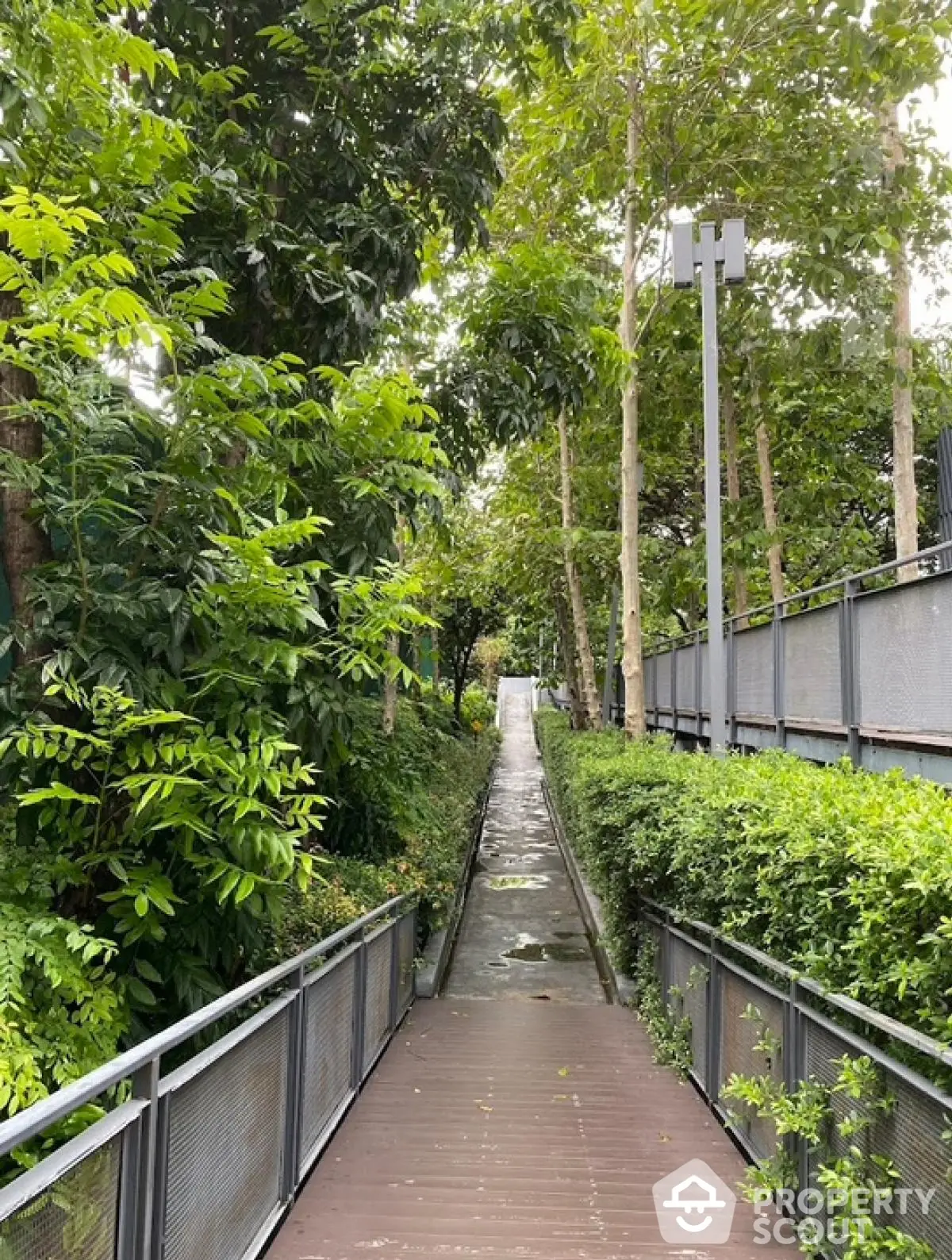 Scenic garden pathway with lush greenery and modern railing