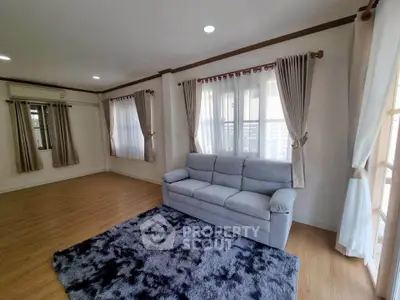 Spacious living room with elegant curtains and cozy gray sofa on plush rug.