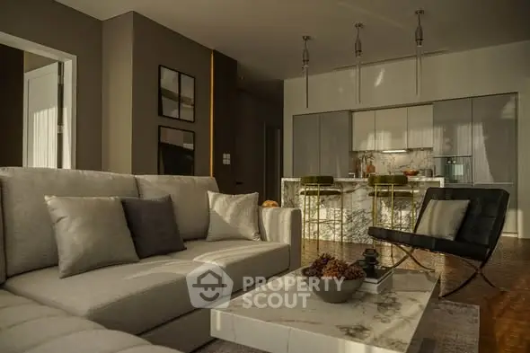 Luxurious modern living room with elegant furniture and open kitchen layout