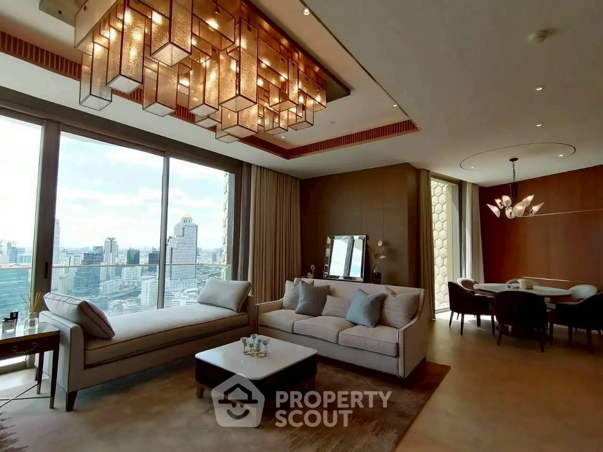 Luxurious living room with stunning city view and elegant chandelier