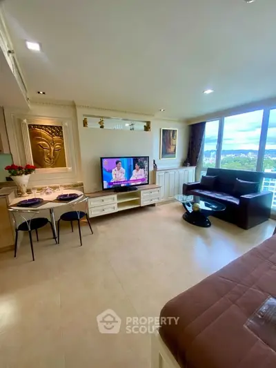 Luxurious living room with modern decor and stunning city view