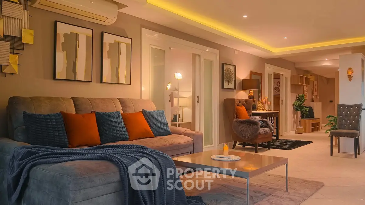 Luxurious living room with modern decor and ambient lighting