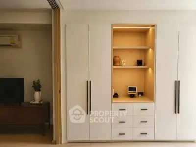 Modern living room with built-in storage and stylish decor
