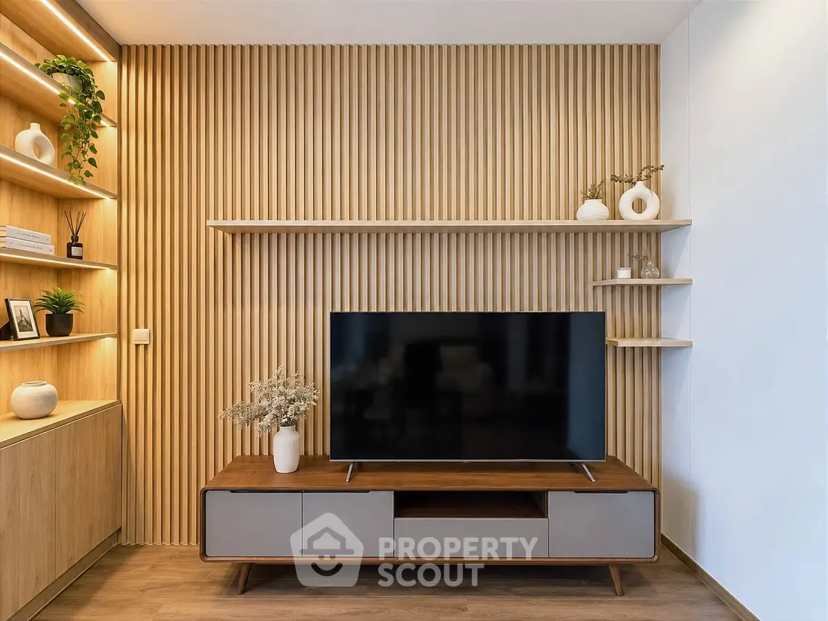 Modern living room with stylish wooden paneling and sleek TV setup