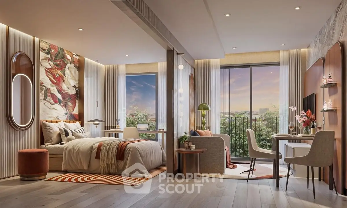 Luxurious modern studio apartment with stylish decor and stunning city view, featuring open layout and elegant furnishings.