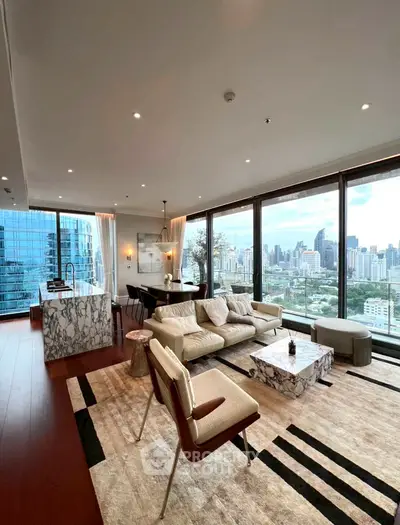 Luxurious living room with stunning city view and modern marble accents