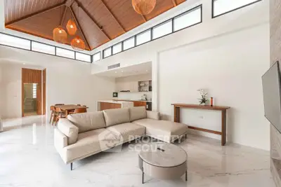 Luxurious open-plan living room with high ceilings and modern kitchen