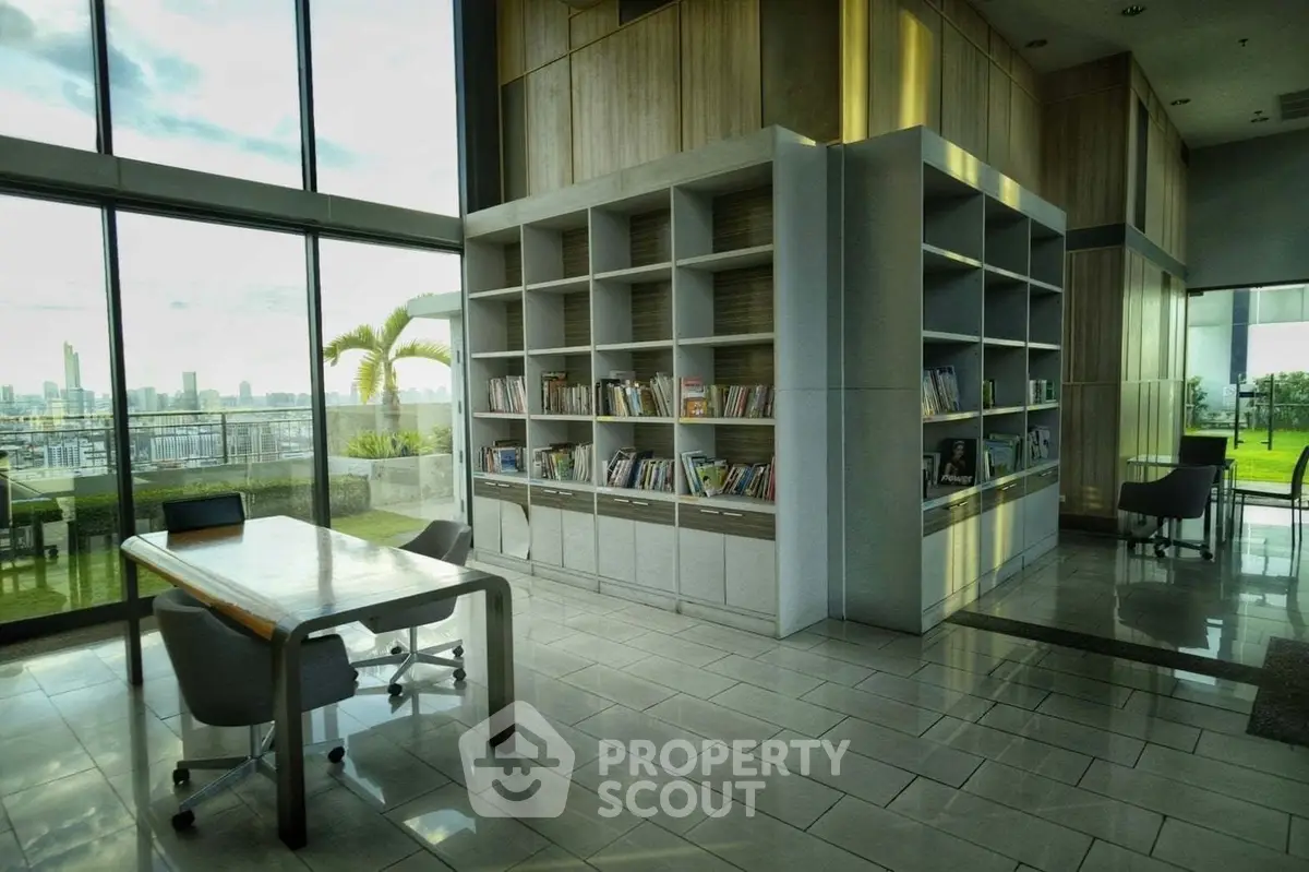 Luxurious library with stunning city view and modern design, perfect for relaxation and study.