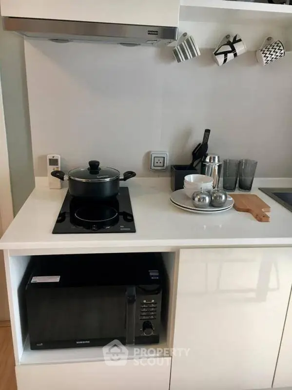 Modern kitchen with sleek white cabinetry and built-in appliances, featuring a compact stovetop and microwave.