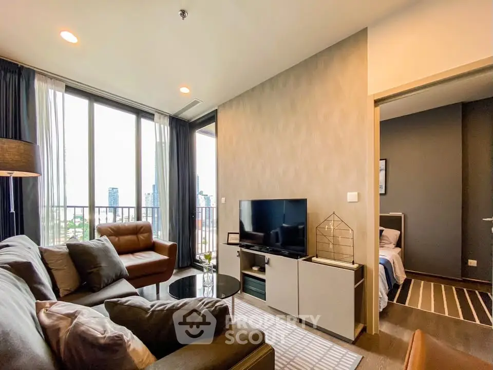 Modern living room with city view, stylish furniture, and natural light