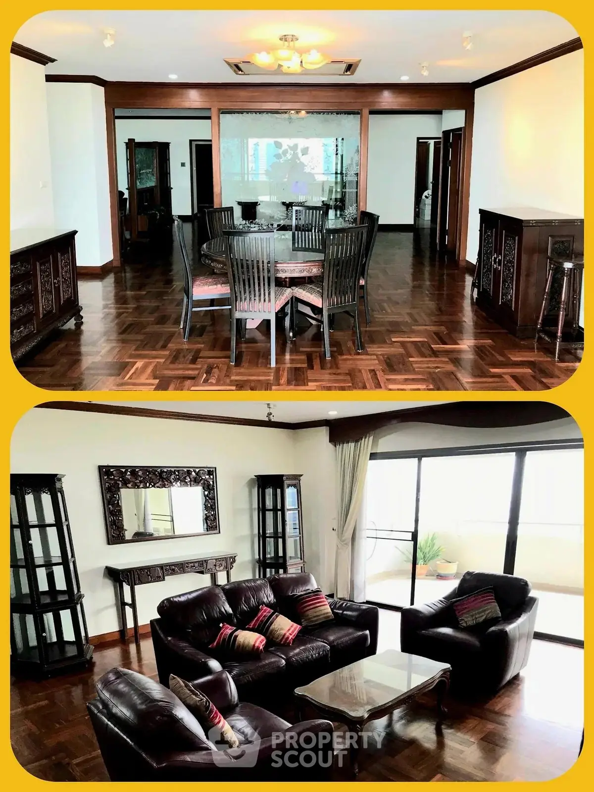 Spacious living and dining area with elegant wooden flooring and stylish furniture.