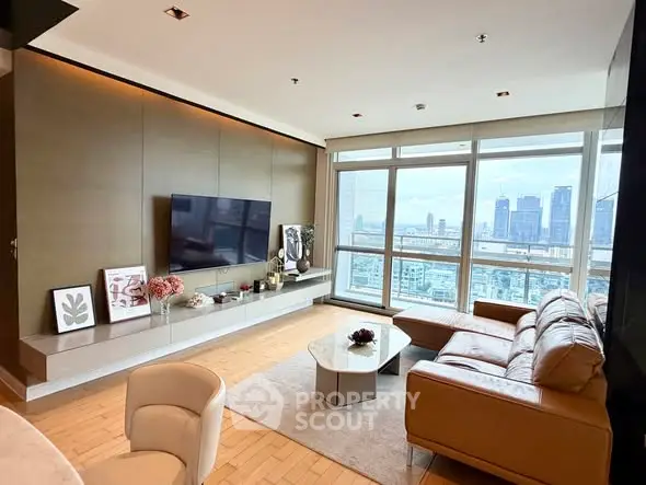 Luxurious living room with stunning city view and modern decor
