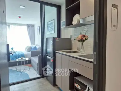 Modern compact apartment with open kitchen and cozy living area, featuring stylish decor and natural light.