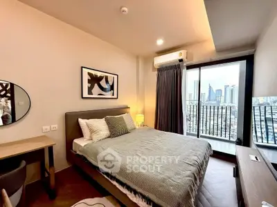 Modern bedroom with city view and stylish decor in urban apartment