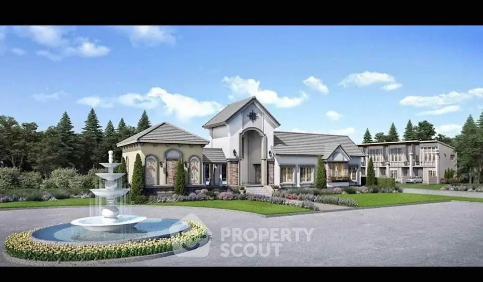 Luxurious estate with grand entrance and elegant fountain in serene landscape.