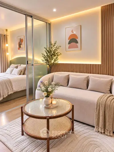 Stylish modern living room with cozy sofa and elegant decor in open layout apartment.