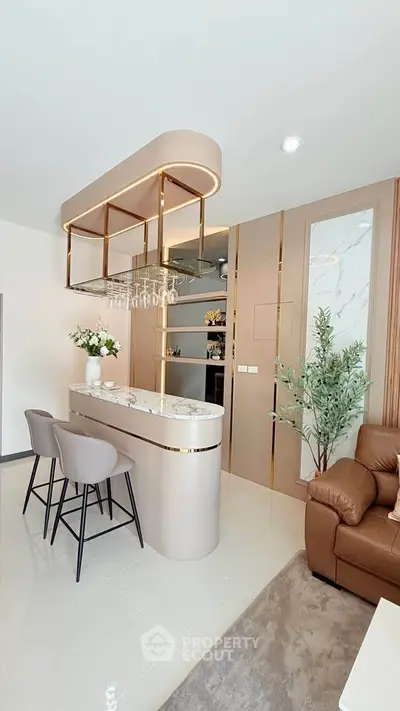 Modern living room with stylish bar counter and elegant decor