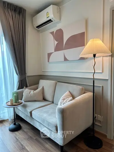 Stylish modern living room with elegant sofa and floor lamp