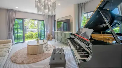 Luxurious living room with grand piano and garden view, perfect for elegant entertaining.