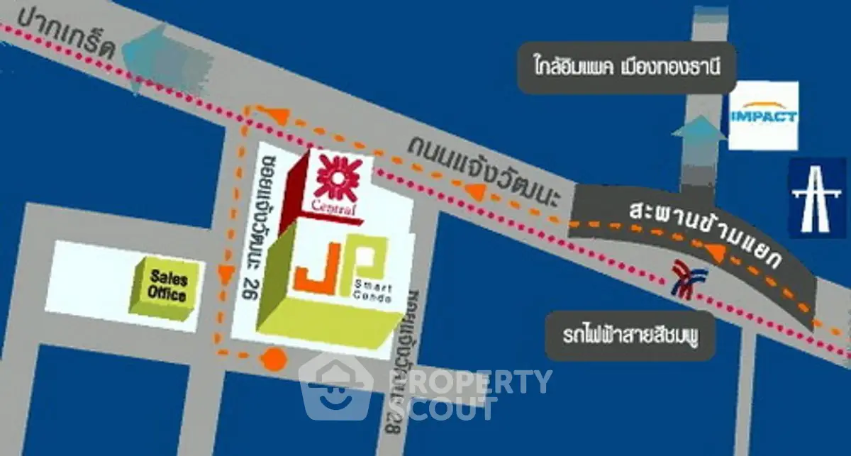 Map showing location of JP Smart Condo near Central Plaza and Impact Arena.