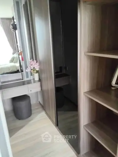Modern bedroom with stylish wooden shelves and elegant decor