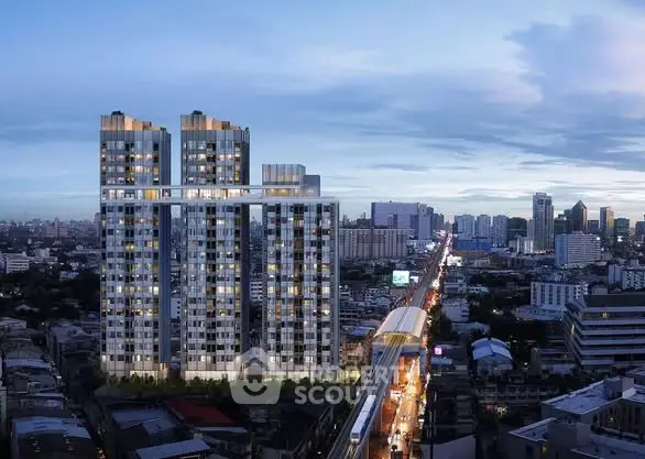 Stunning cityscape view with modern high-rise building at dusk